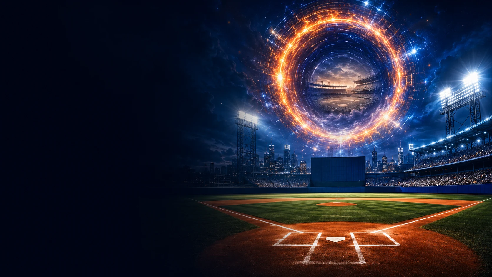 A blue and orange time portal opening above a nighttime baseball stadium
